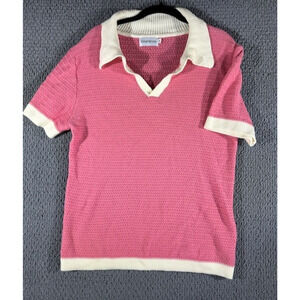 OxKnit 60s Mod Bright Pink Waffle Wide Lightweight Knit Polo / Men's Medium